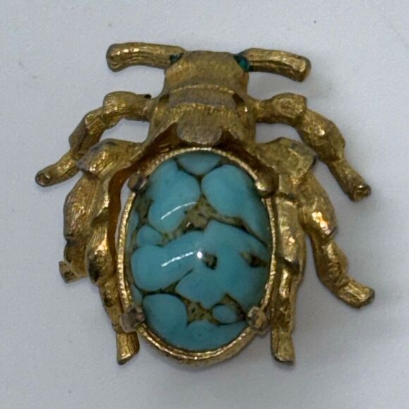 Vintage RISA pin/brooch turquoise cabochon bug beetle gemstone eyes - Picture 3 of 10